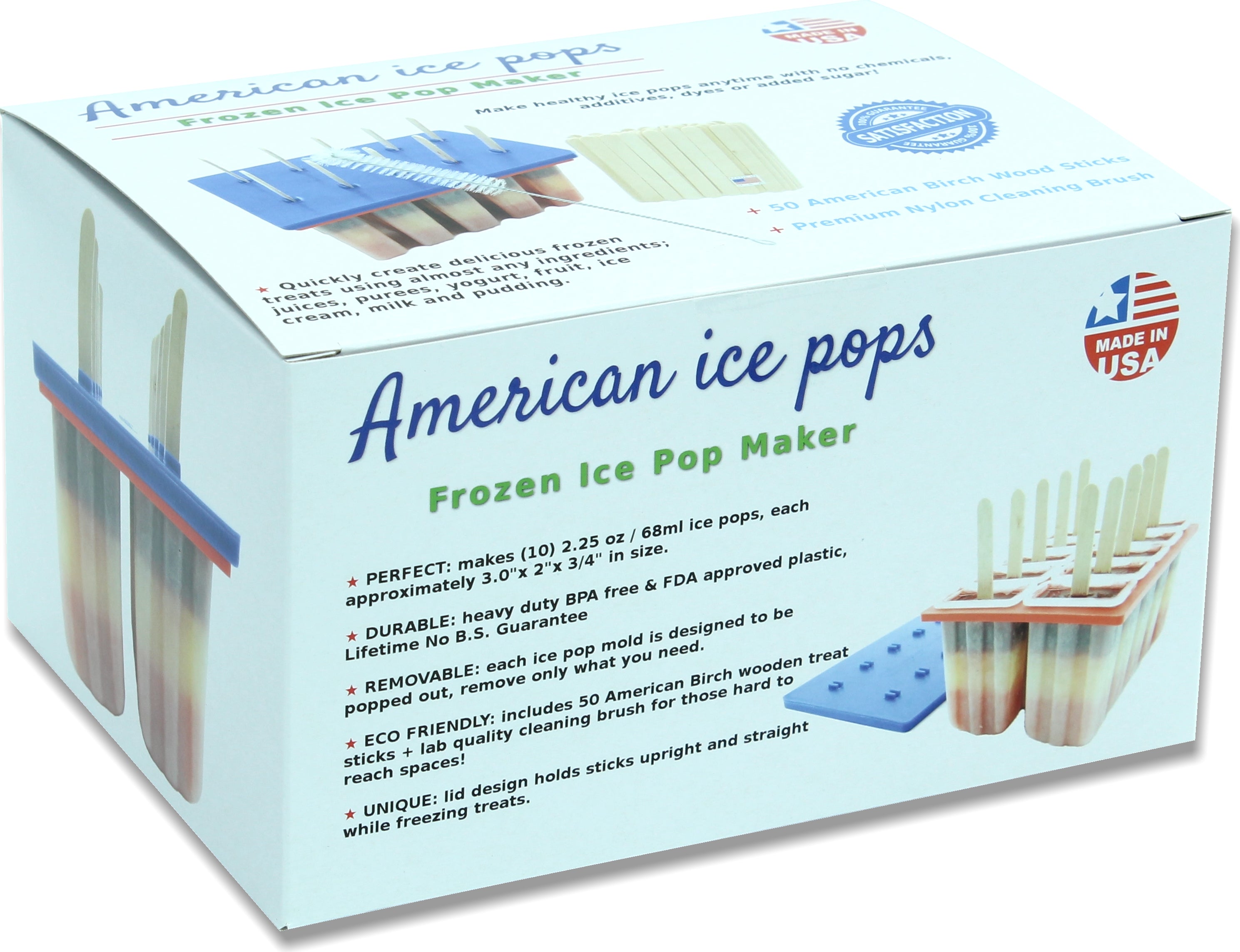 American Ice Pop Maker - 10 Pops + 50 Wood Sticks + Brush